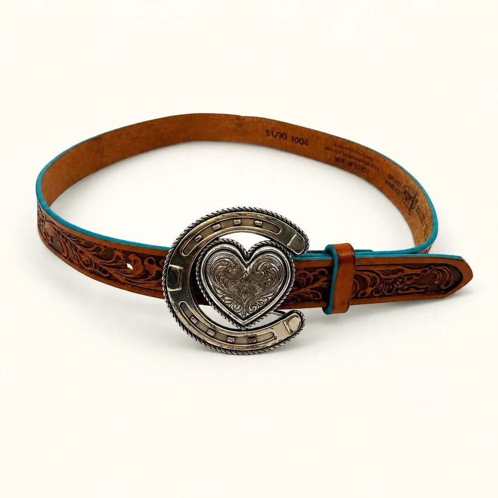 Justin Womens 30 Leather Belt Western Tooled Horseshoe Heart Buckle Teal Cowgirl